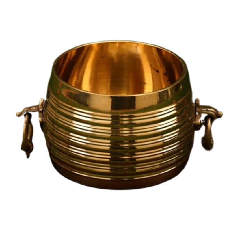 Traditional Kerala brass Nazhi with ribbed design and two ornate side handles.